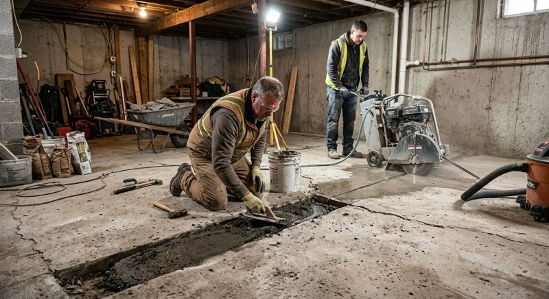 Cracked Basement Floor Repair in Simsbury, CT